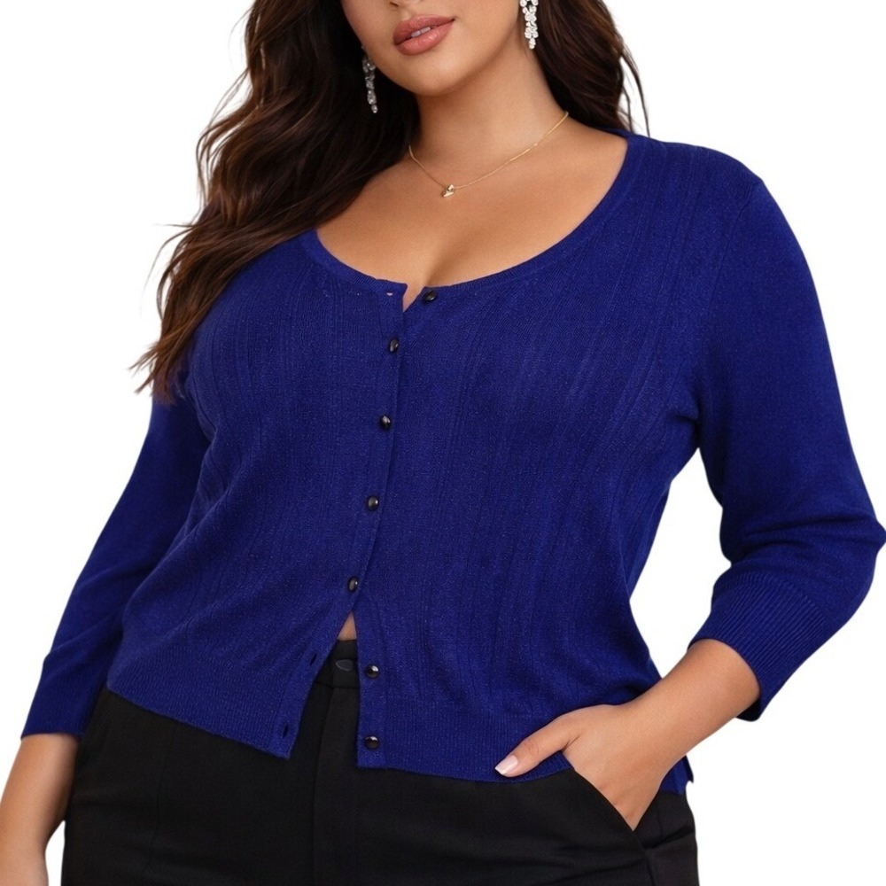 City Chic Navy Blue Pointelle‎ Button Front 3/4 Sleeve Cardigan XL Plus Size